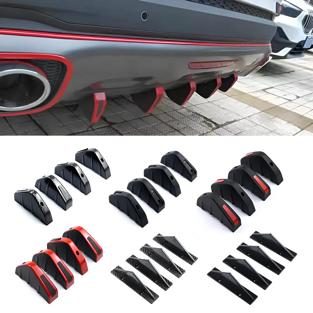 Black triangular ABS rear spoiler for cars with mounting hardware on white background