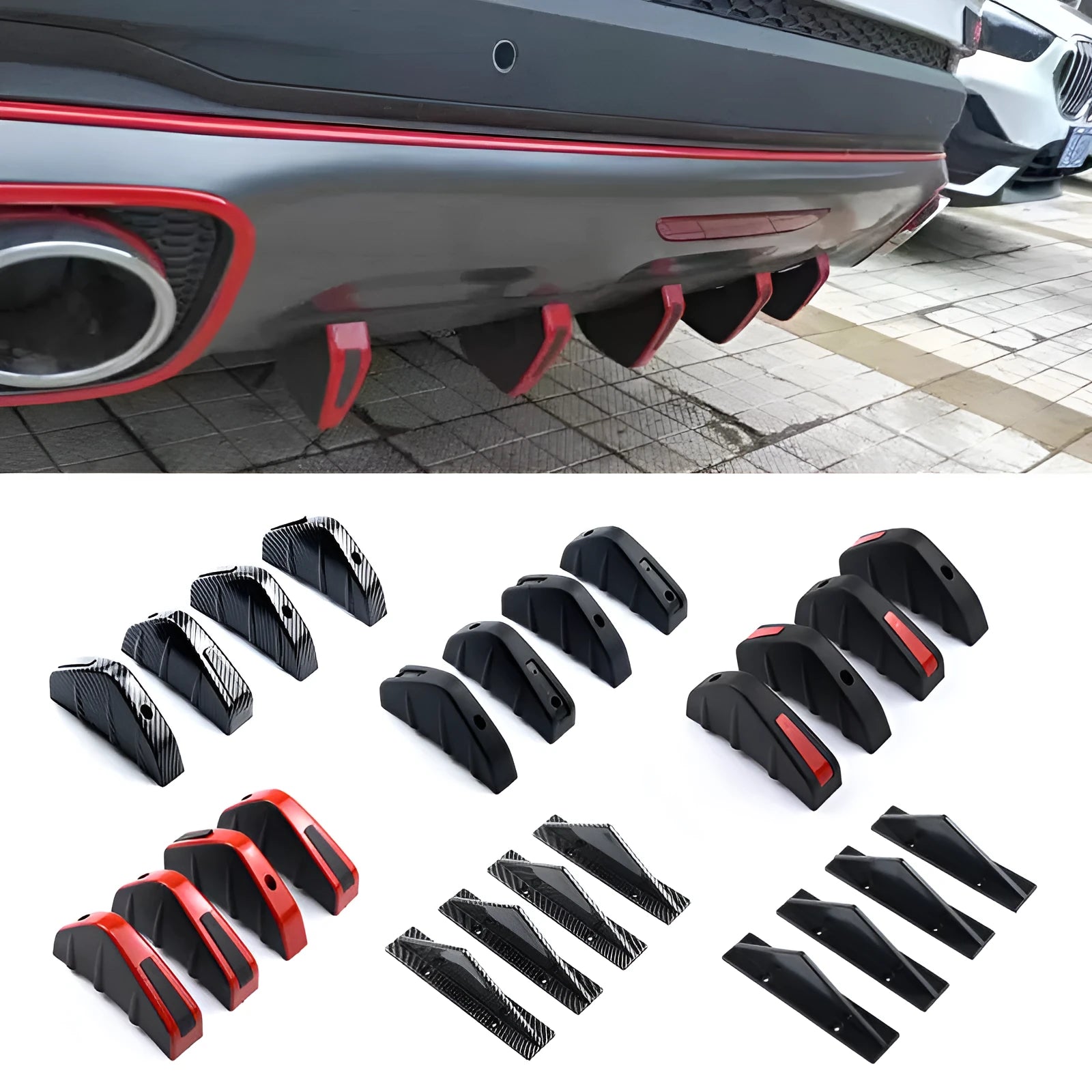 Black triangular ABS rear spoiler for cars with mounting hardware on white background