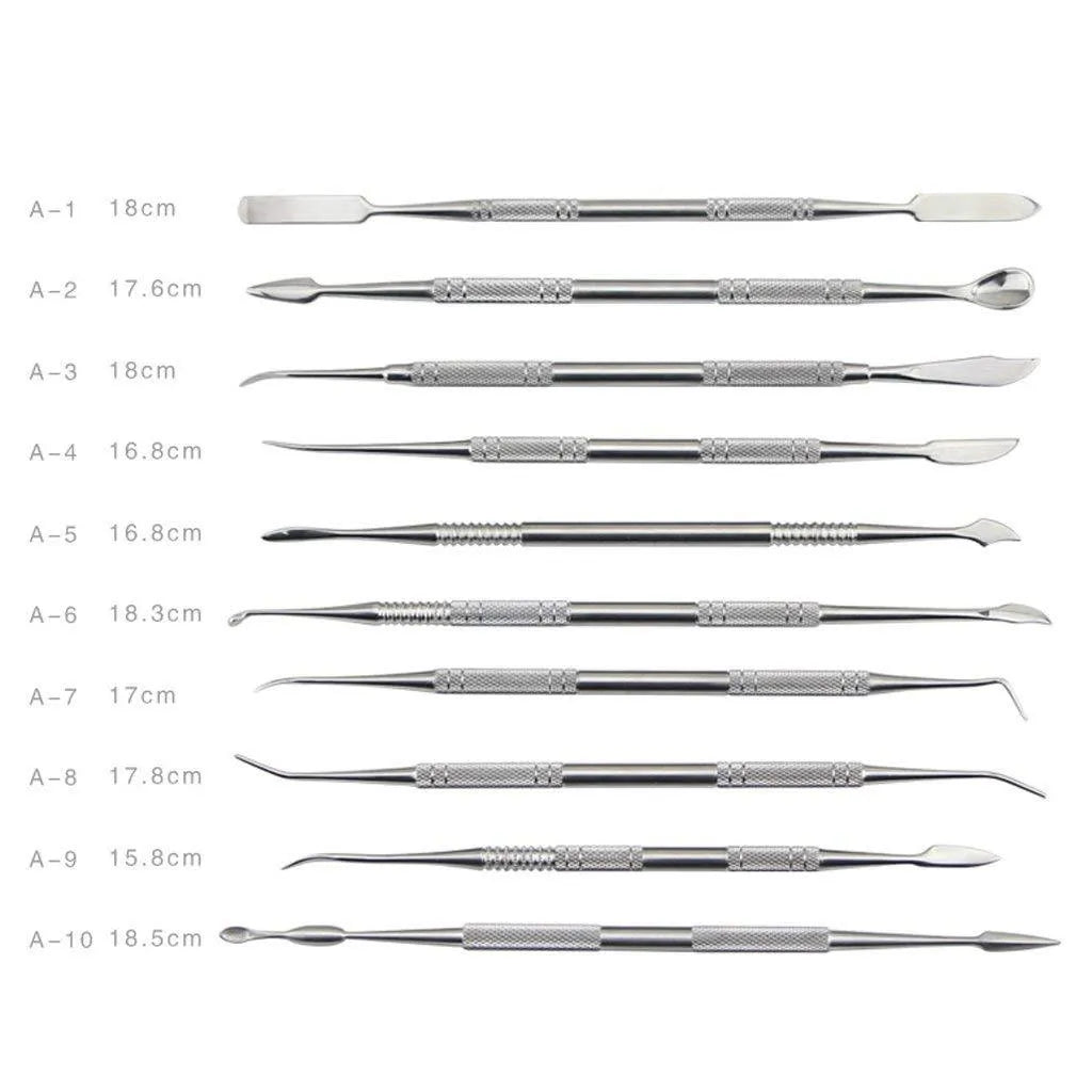 Stainless steel clay knife set of 10 pieces with photo colour finish on a neutral background
