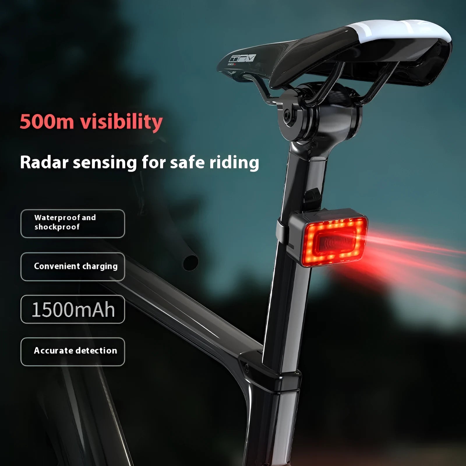 Black radar detection bicycle safety taillight with dual plastic mounting brackets.