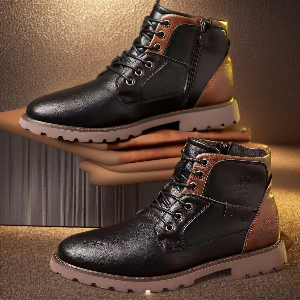 Men's brown ankle boots with side zip fastening and round toe design on rubber sole