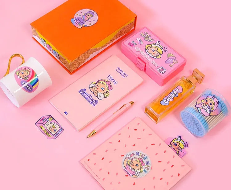 Cartoon sticker set showing 16 square PVC decals and storage box with cute girl and comic designs.