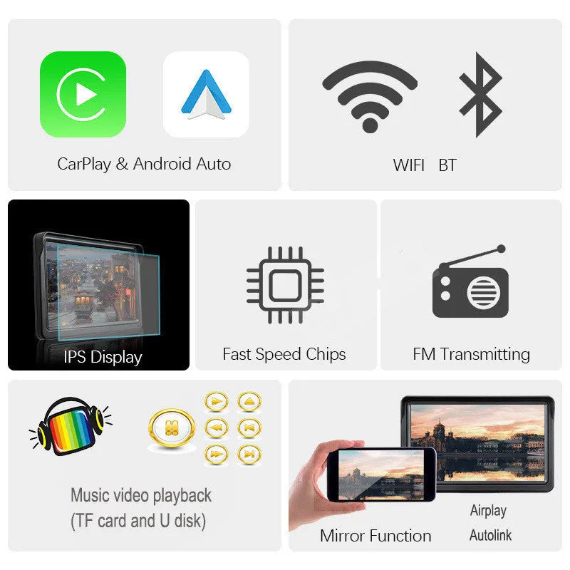 7 inch portable car smart display with retractable bracket showing CarPlay interface on IPS screen