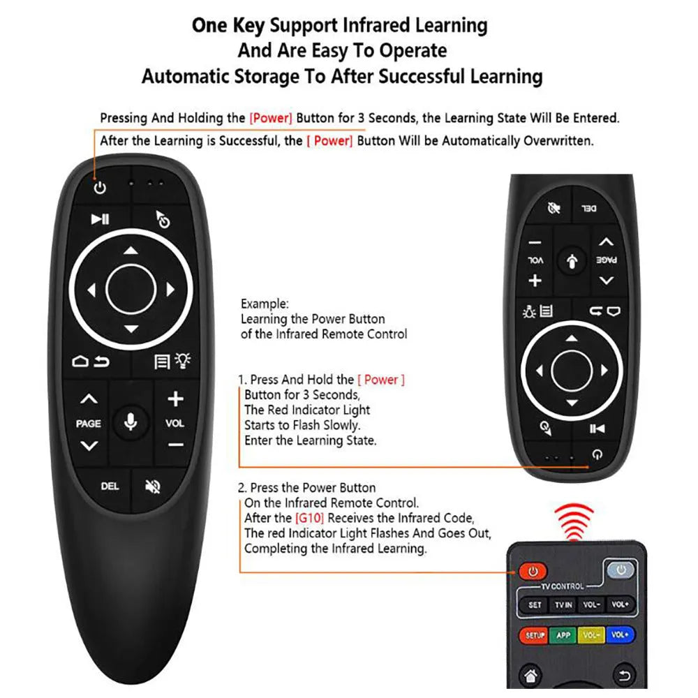 G10 G10S Pro intelligent voice remote control with plastic shell and silicone buttons on a dark surface.