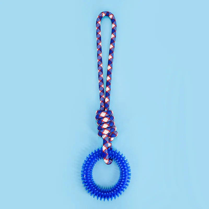 Blue braided rope knot dog chew toy on a white background