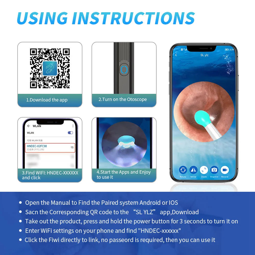NE3 wireless otoscope ear cleaner with camera, spoon heads, and charging cable on a white background.