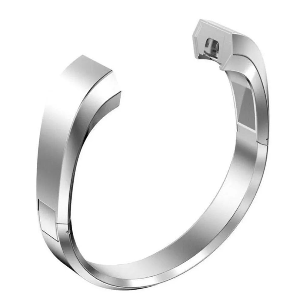Stainless steel metal replacement strap for Fitbit Alta smartwatch in silver with deployment buckle.