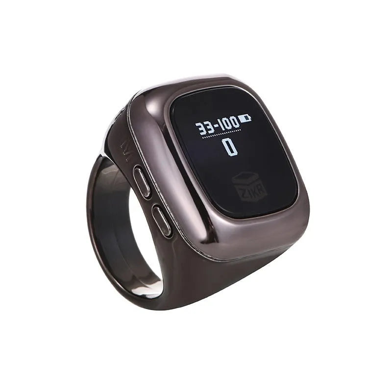Al-Fatiha Zikr electronic counter with digital display on wrist, shown in Black, Space Gray, and Rose Gold colour options.