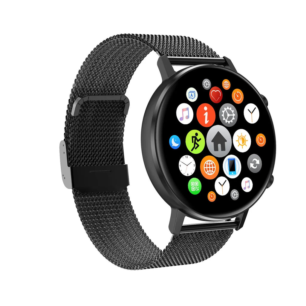DT96 smart bracelet with steel strap and 1.3 inch colour screen shown in silver.
