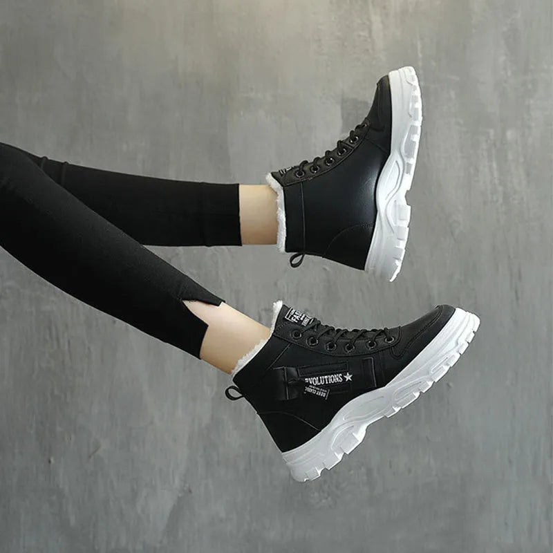Fleece lace-up boots women winter warm flat heel round toe waterproof platform artificial PU leather stitching