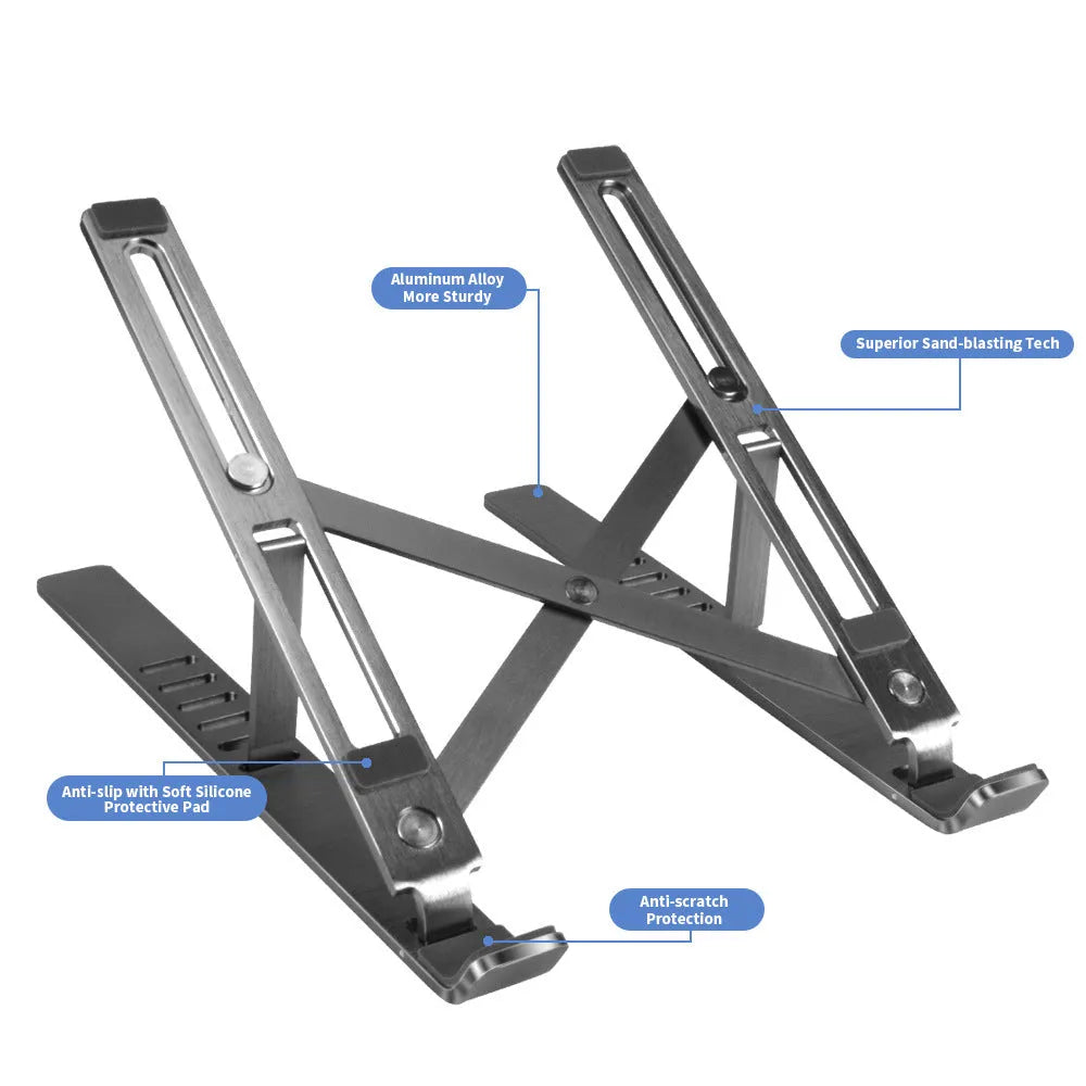 Silver aluminium laptop stand folded to 247x210x65.94mm with six-gear height adjustment mechanism