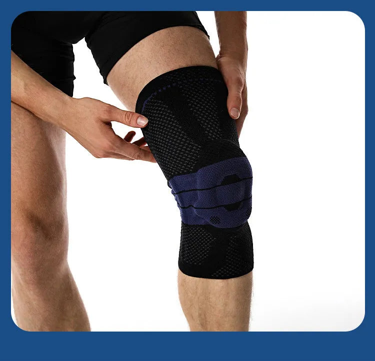 Adult sports knee pad in black and blue colour made from nylon and spandex material