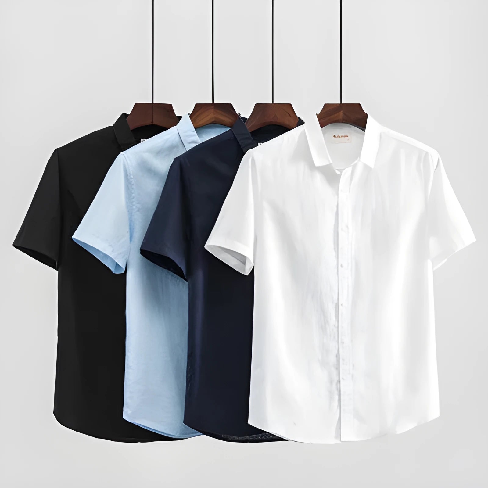 Men's square collar short sleeve shirt in linen blend fabric showing loose cardigan fit