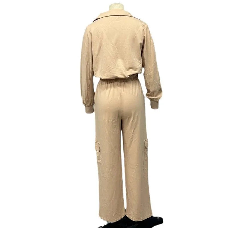 Women's light camel workwear set with lapel top and high-waist wide-leg trousers