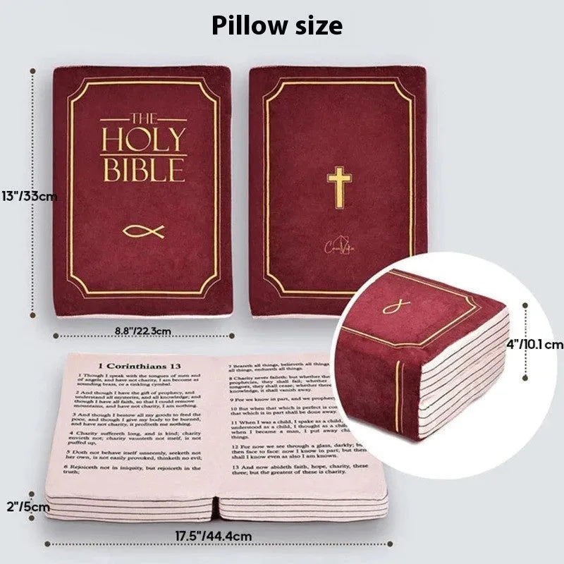 Purple plush Bible doll decorative cushion with memory foam filling on a sofa