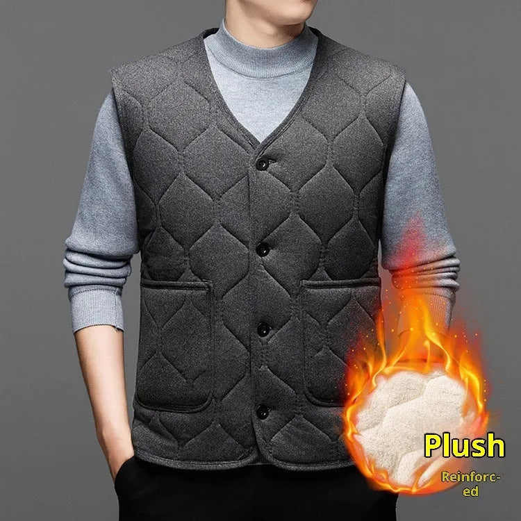 Middle-aged men's fleece-lined thick cotton blend vest in solid colour cardigan style no hood black and grey