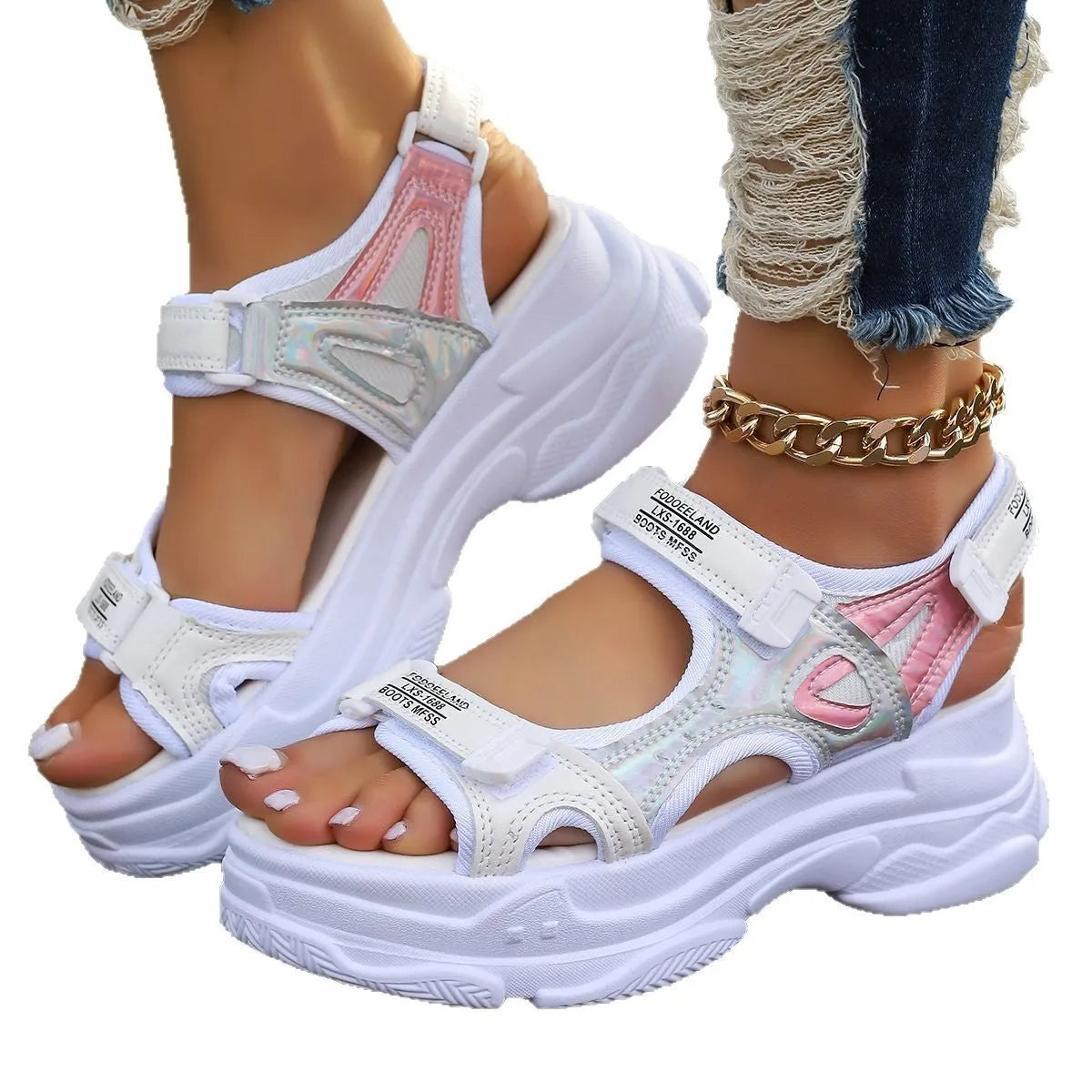 Women's white Roman platform sandals with PU leather upper and rubber sole