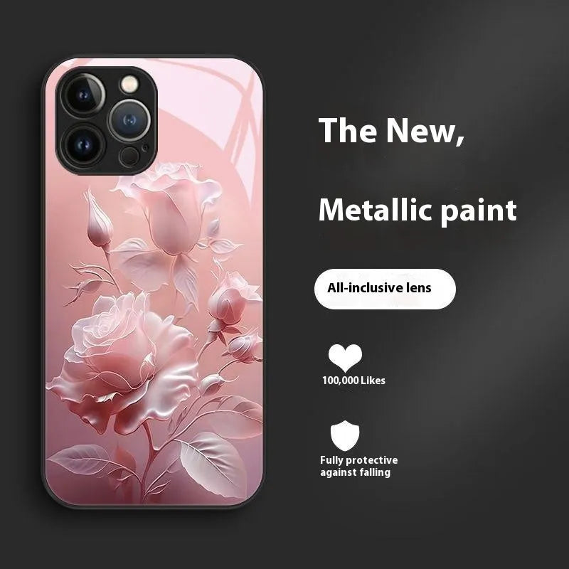Red tempered glass painted phone case with blooming rose design on a white background