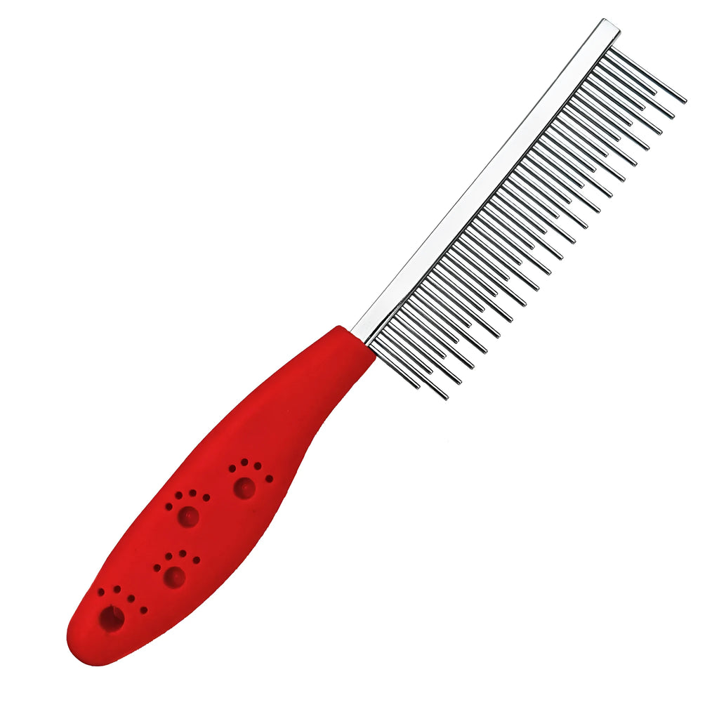 Red pet grooming comb with dual-length stainless steel teeth and an anti-slip plastic handle.