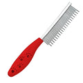 Red pet grooming comb with dual-length stainless steel teeth and an anti-slip plastic handle.