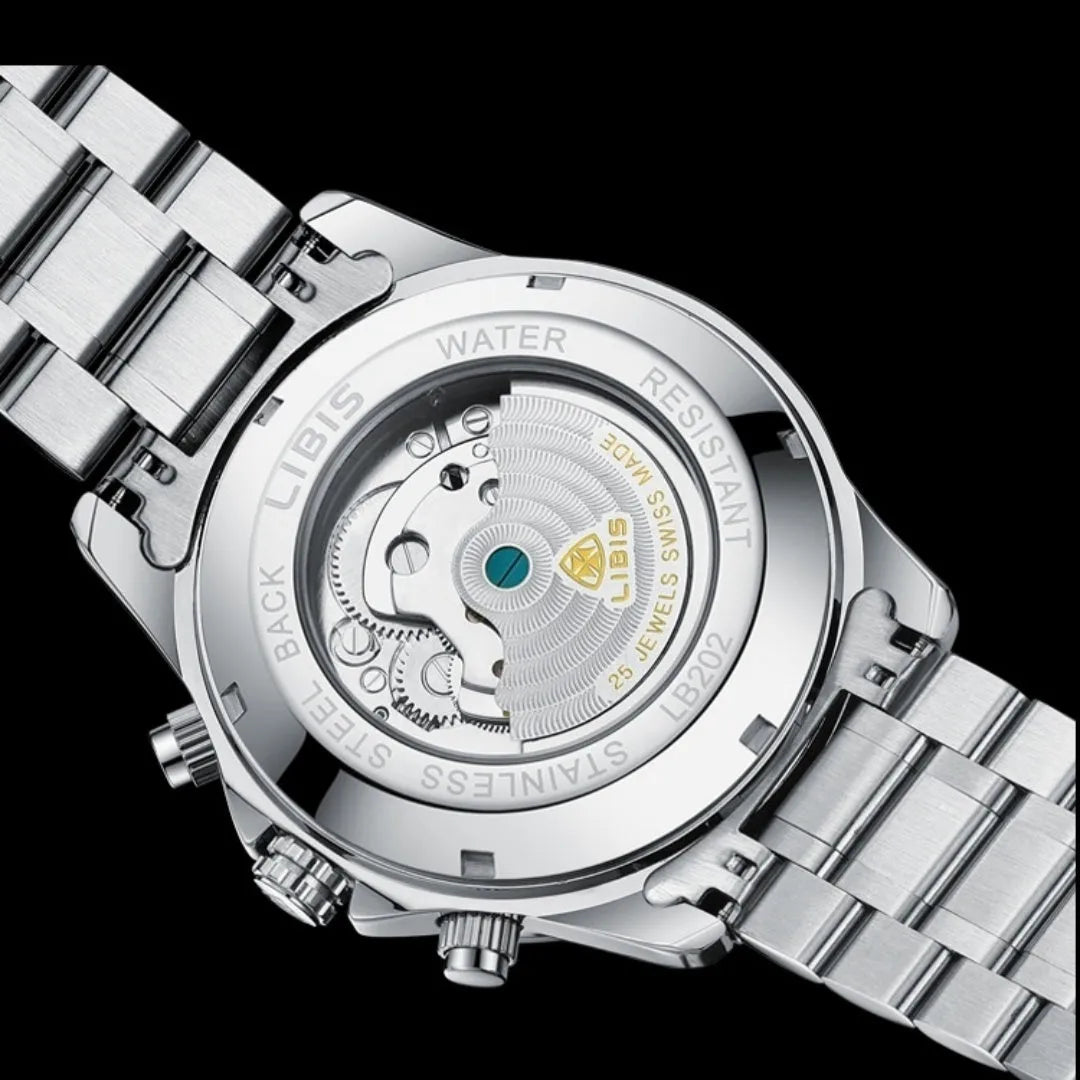 Men's silver automatic perpetual calendar mechanical watch with stainless steel bracelet