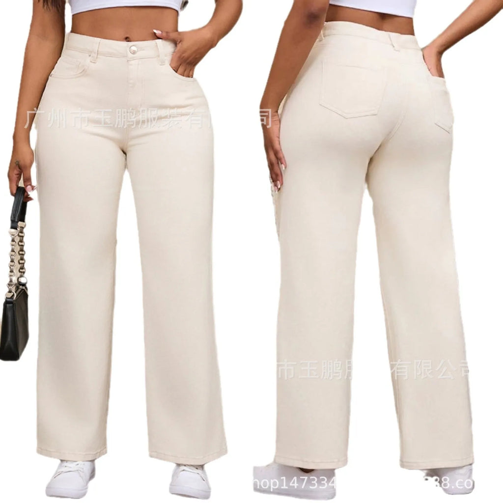 Women's high waist wide leg jeans in apricot colour, made from cotton with high elasticity.