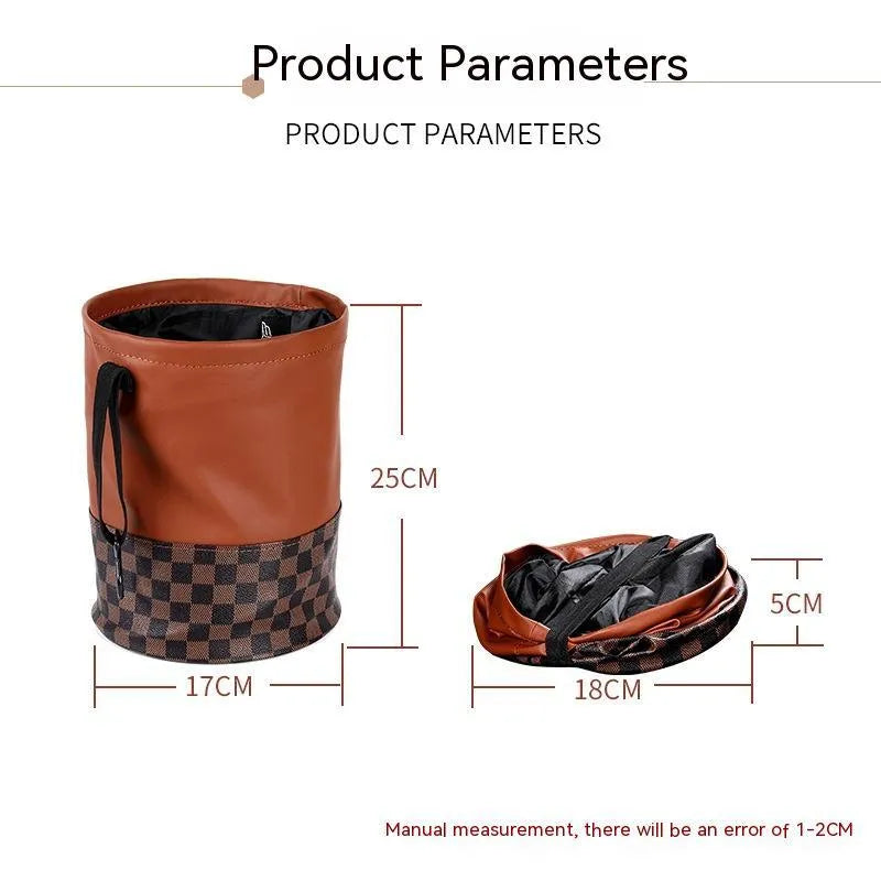 Retractable leather car trash can shown in expanded and collapsed positions