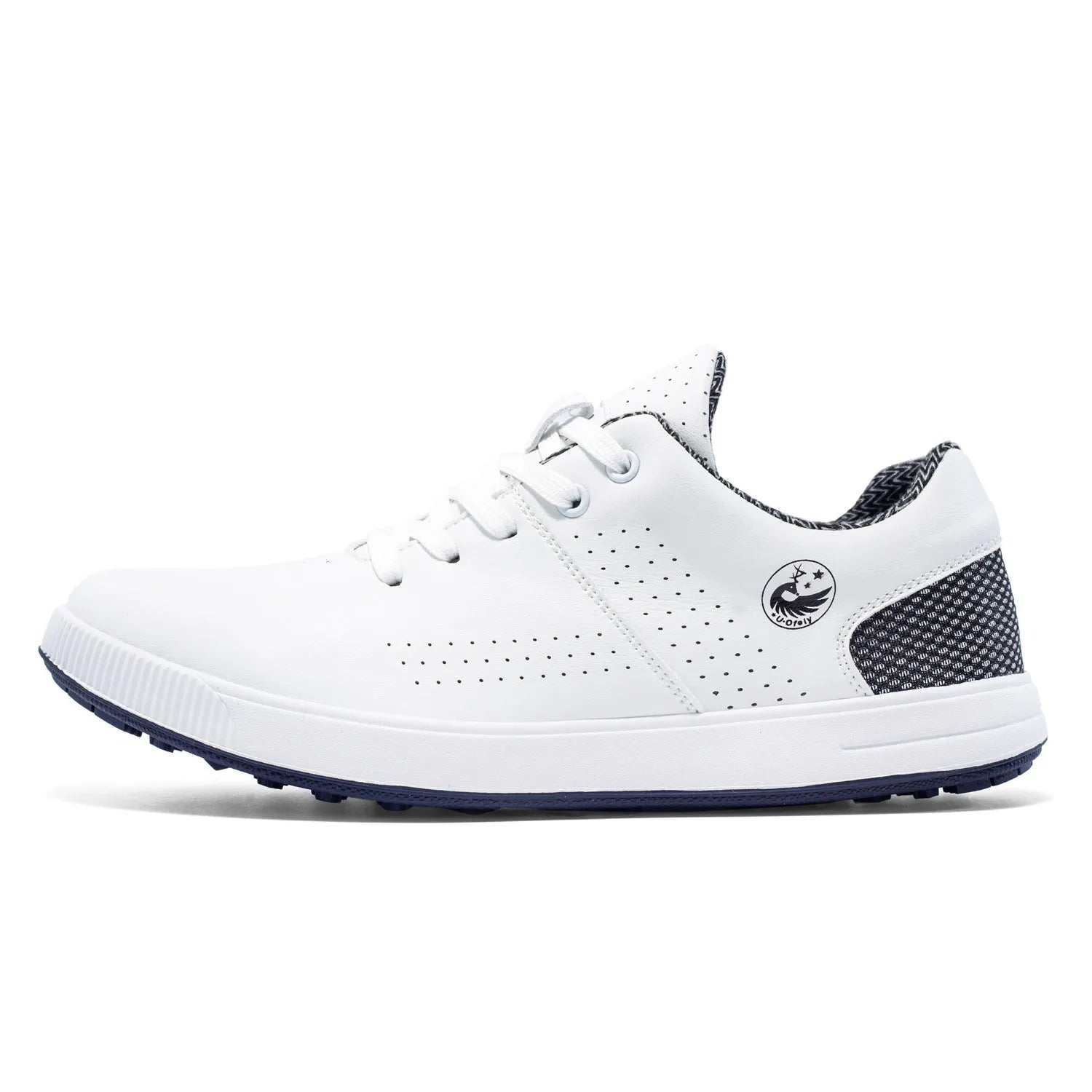 Waterproof non-slip breathable outdoor sneakers with genuine leather upper and natural rubber outsole, white and black-and-white colours, low-top