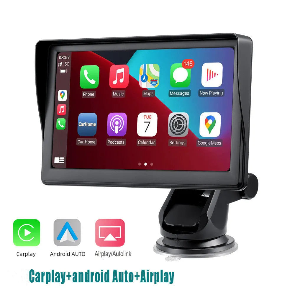 7 inch portable car smart display with retractable bracket showing CarPlay interface on IPS screen