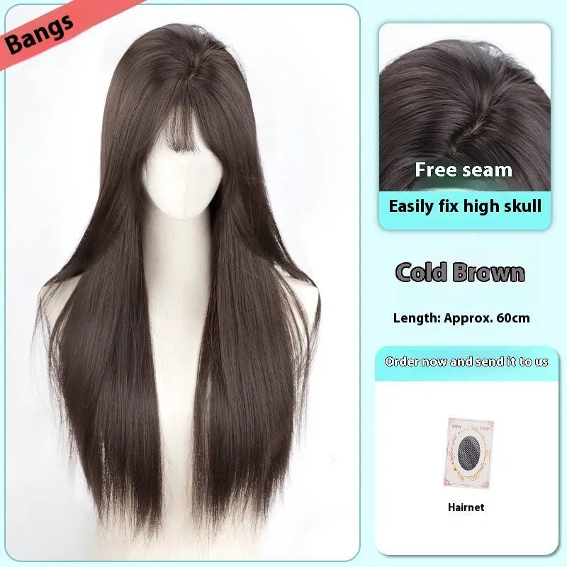 Female full-head wig with seamless forehead lace and fluffy high-temperature fibre hair in brown black colour