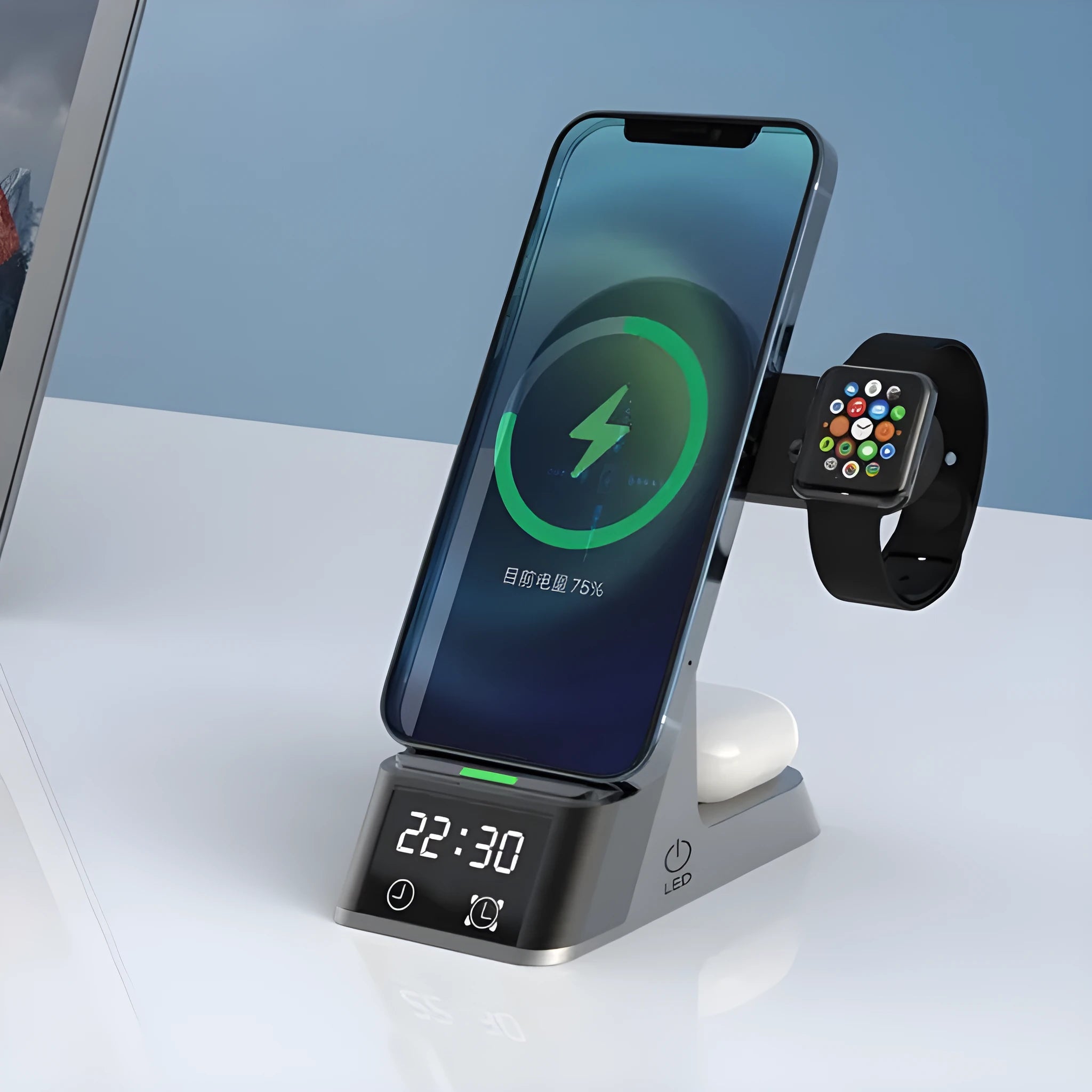 Black multifunctional alarm clock with integrated wireless charging pad and digital display.