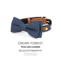 A wine red cotton dog collar with a detachable white polka-dot bow, shown alongside dark blue and white collar options.