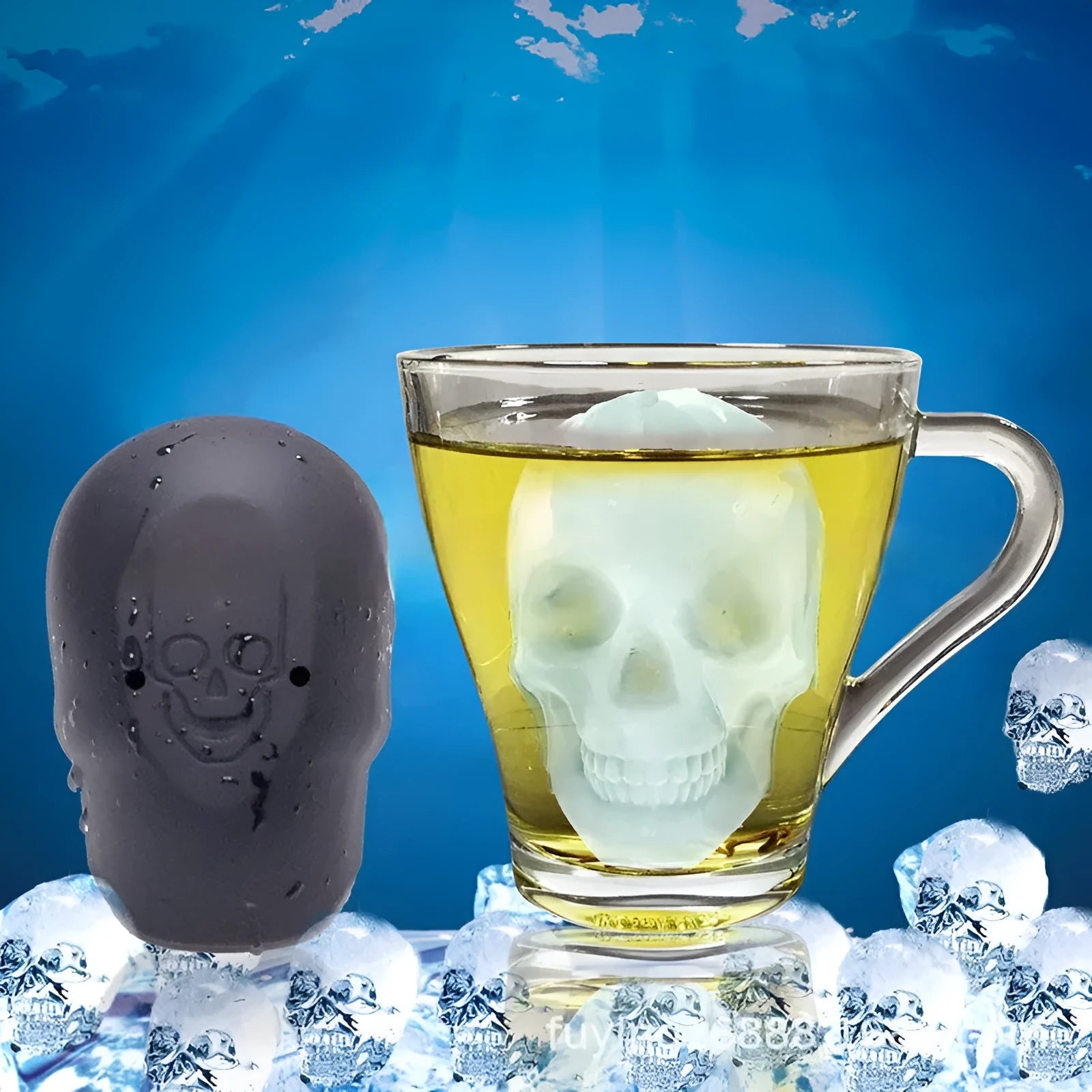 3D Halloween skull ice cube tray made from blue food-grade silicone on a white background.