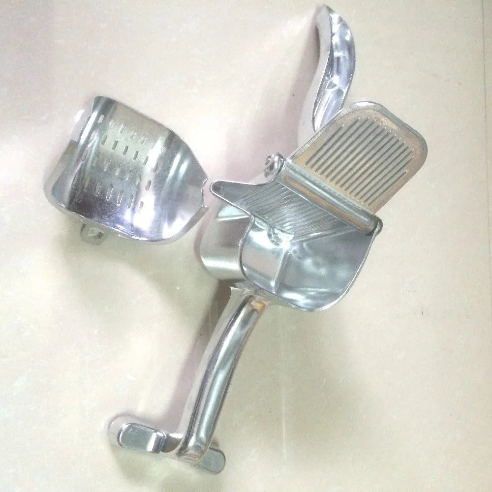 Silver heavy duty aluminium lemon squeezer with large bowl and steel lever on a kitchen counter.