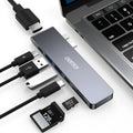 USB C hub adapter with SD card reader, Thunderbolt 3, USB C PD charging, HDMI, and USB 3.0 ports