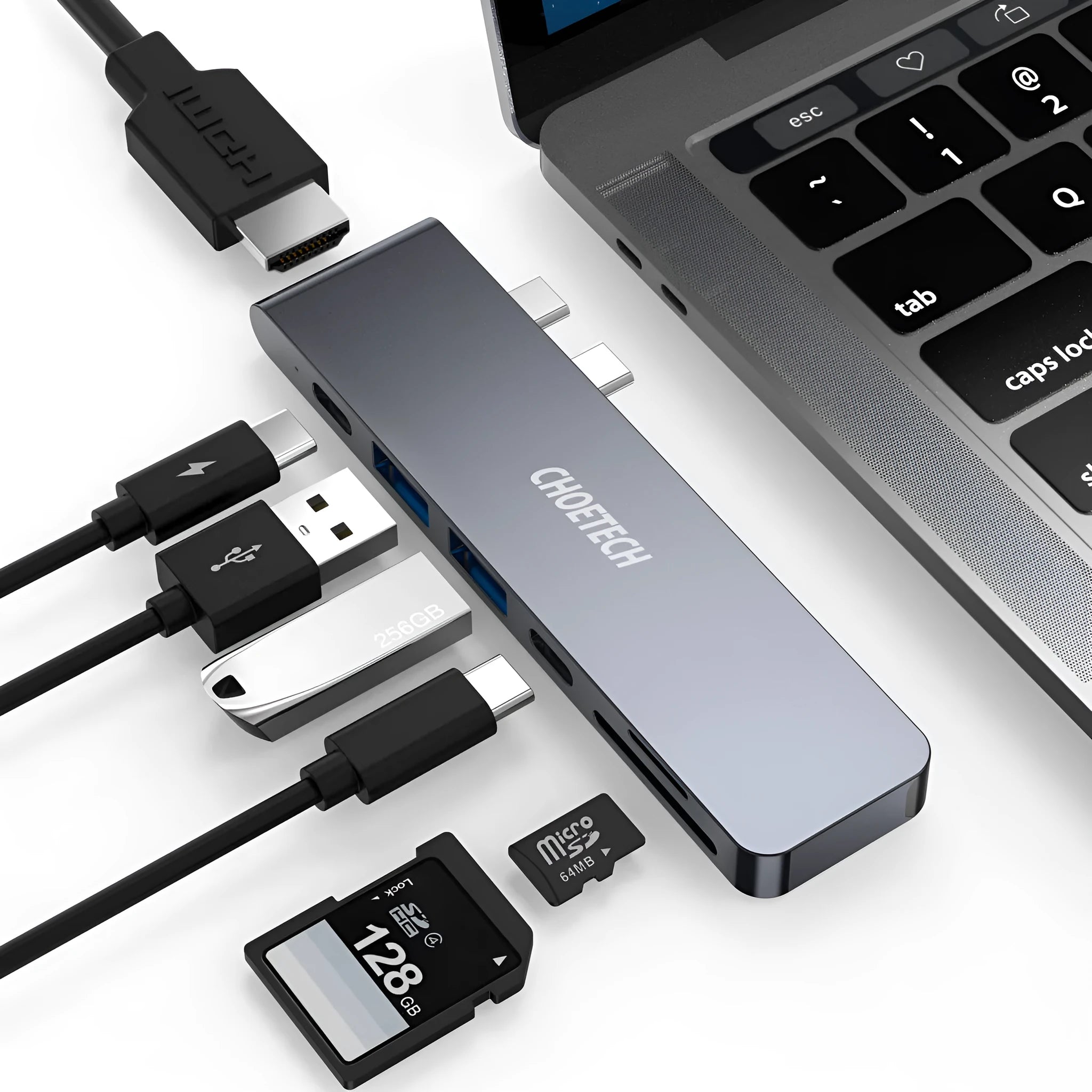 USB C hub adapter with SD card reader, Thunderbolt 3, USB C PD charging, HDMI, and USB 3.0 ports