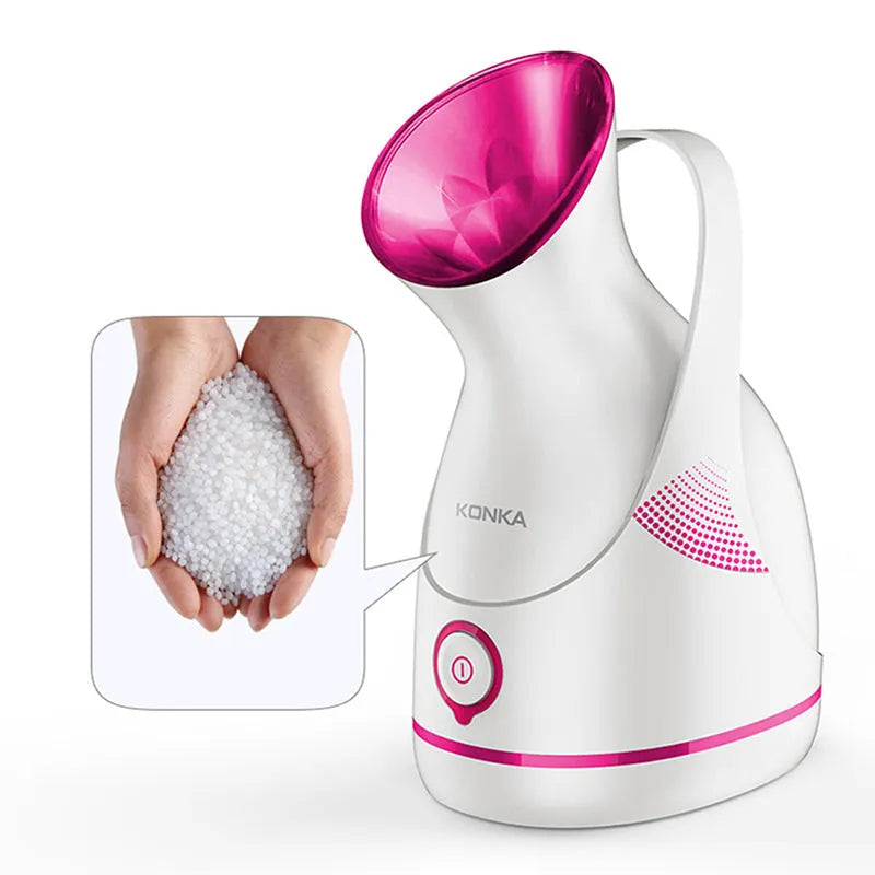 White electric facial steamer with 55ml water tank and adjustable 150° nozzle for deep pore cleansing and aromatherapy