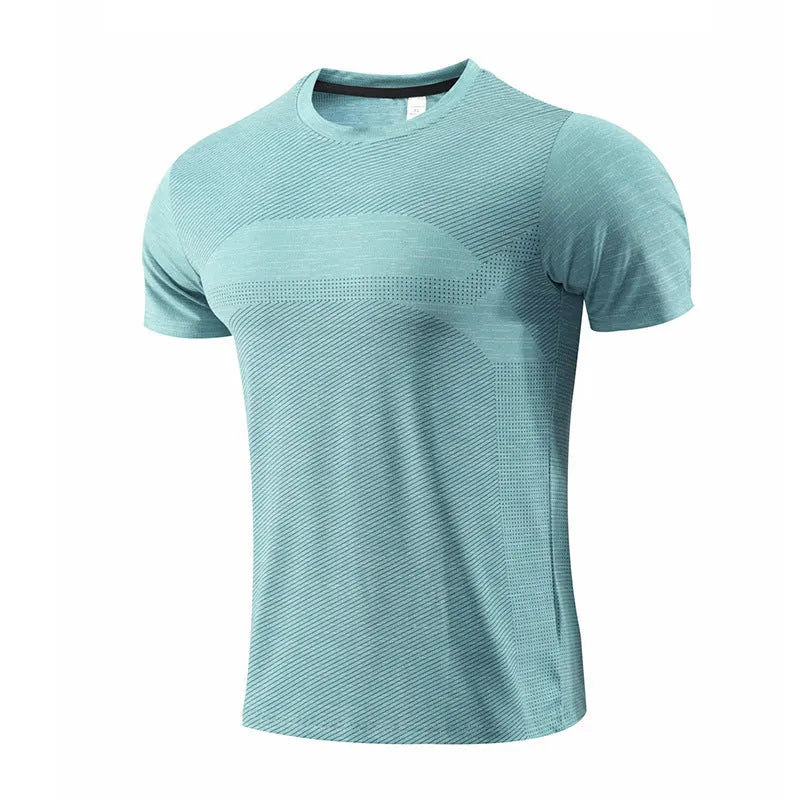 Man's short sleeve running t-shirt in polyester spandex fabric, shown in red colour.
