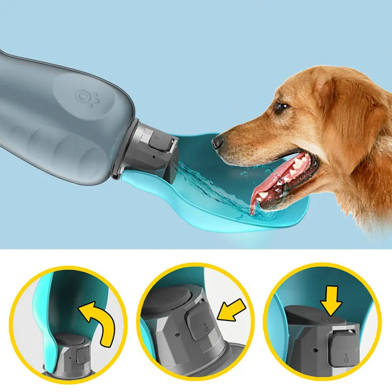 Blue grey portable dog water bottle with foldable drinking bowl extended, showing lock key.