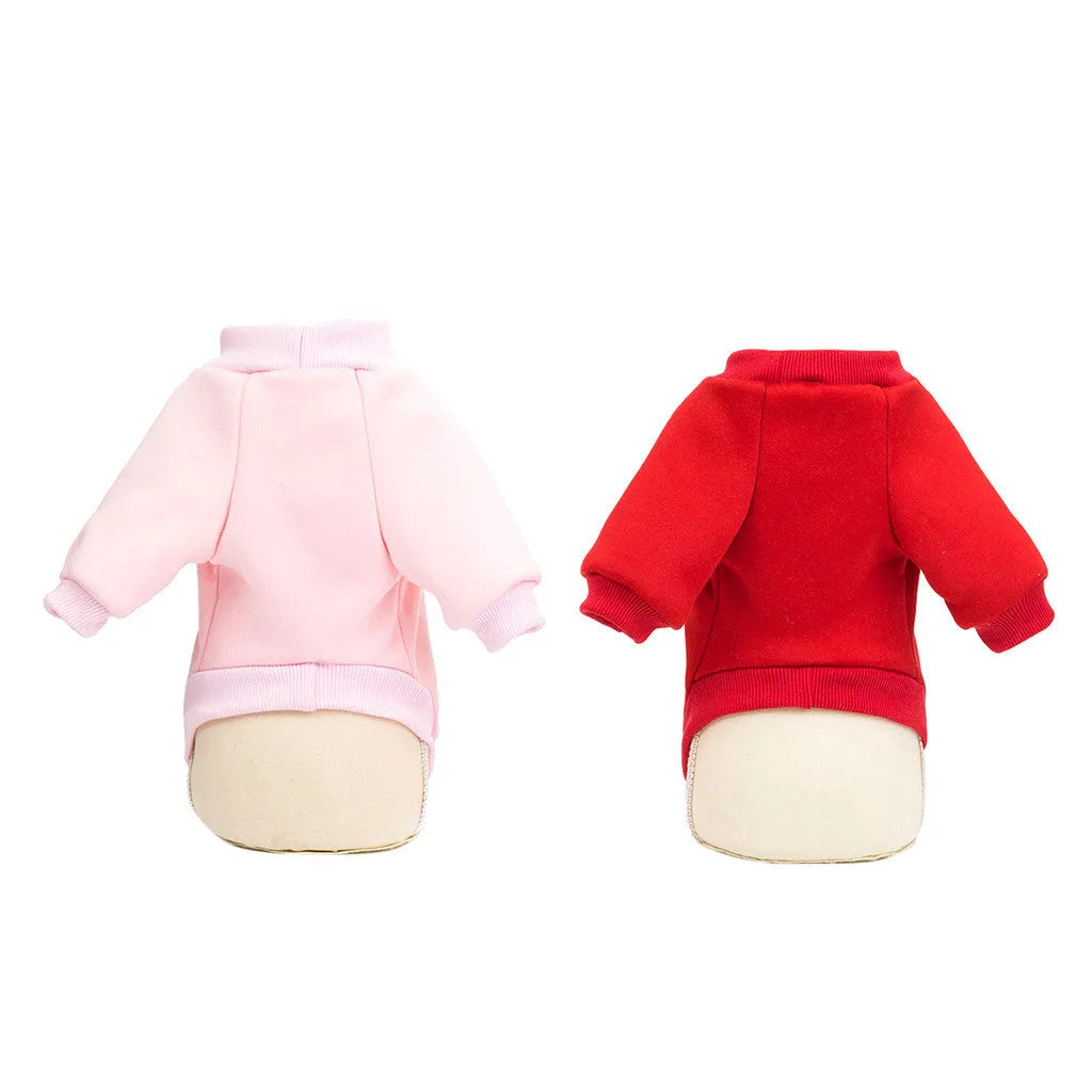 Cotton cartoon fashion dog sweater in pink or red, sizes S to XXL, back length 20-40cm