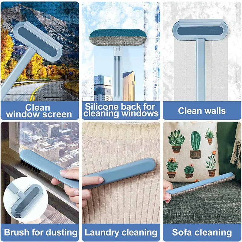Multifunctional hair removal and window screen cleaning brush with blue flannel head and white plastic handle.