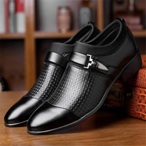 Formal men's leather shoes with artificial PU upper and rubber sole in black, size 38 to 48