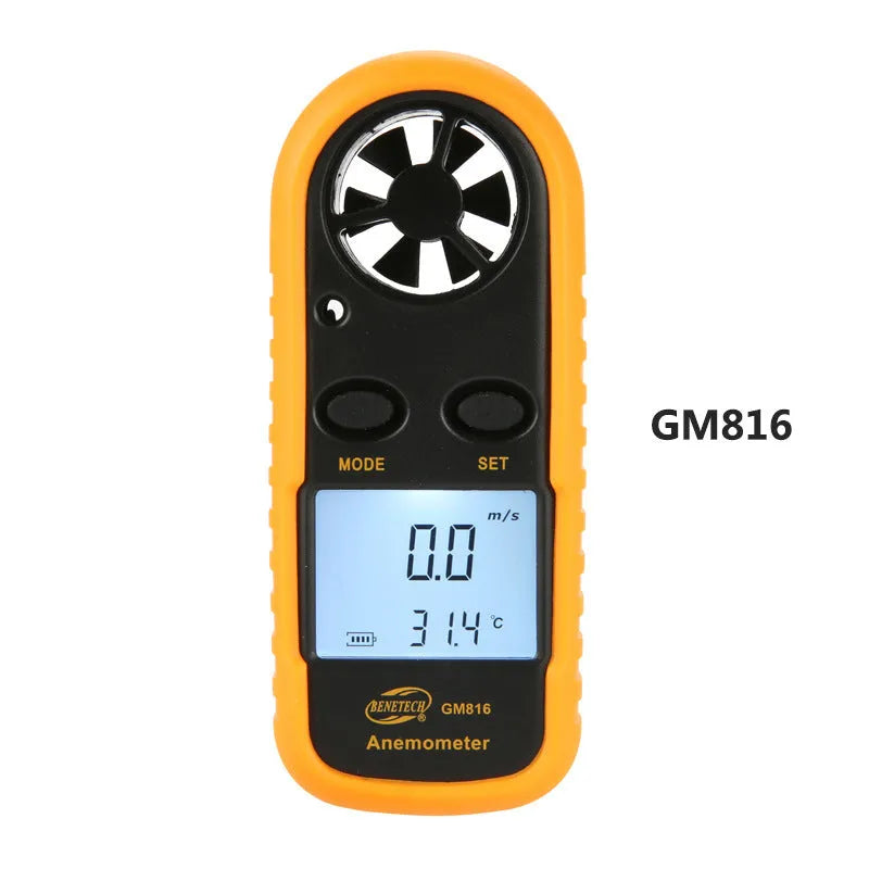 Biaozhi orange digital portable wind speed measuring instrument GM816 anemometer on hand.