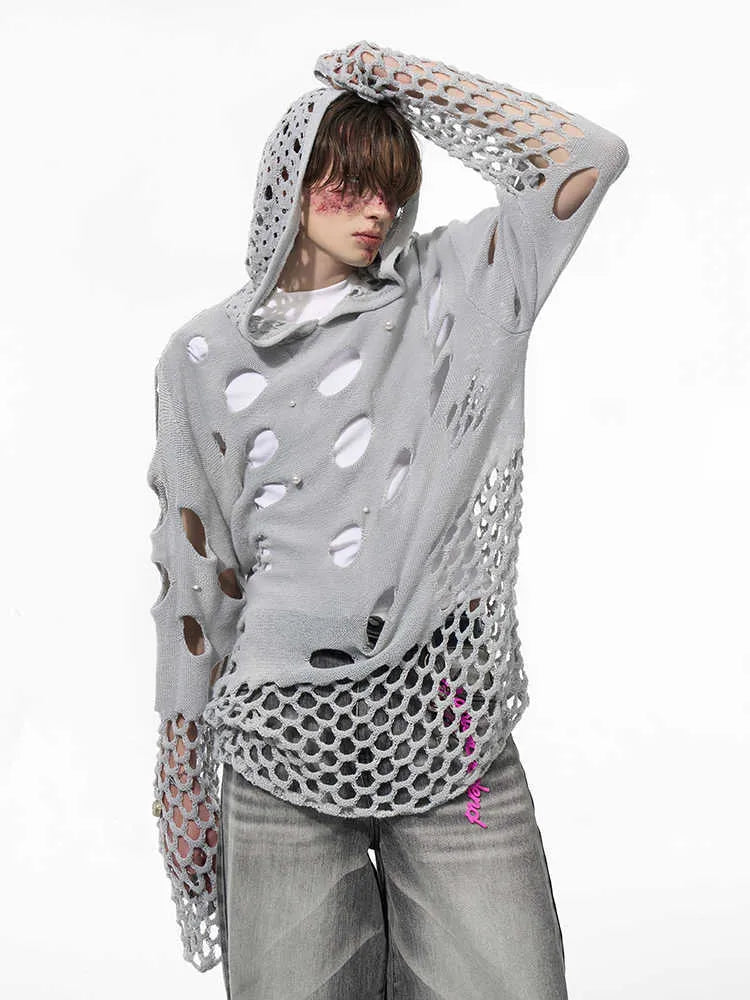 Black men's hooded sweater with hollow knit pattern and pearl decorative details on the front.