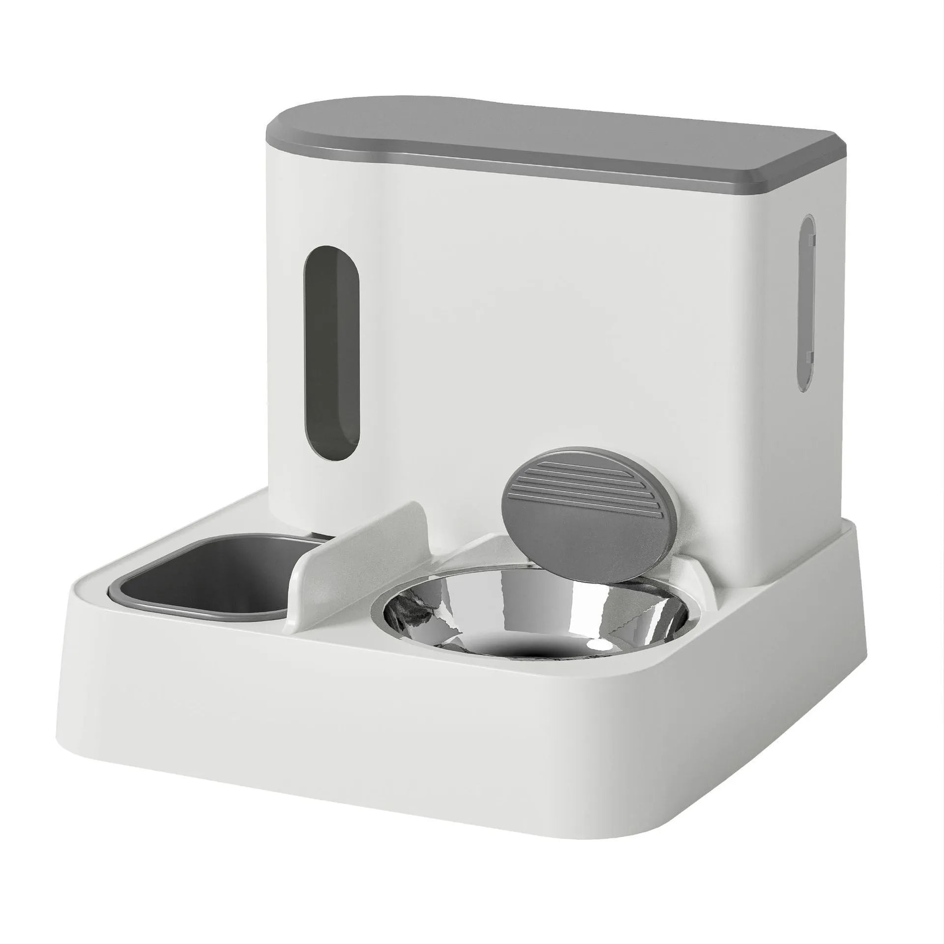 Automatic cat feeder with integrated water dispenser and double bowl system in grey colour
