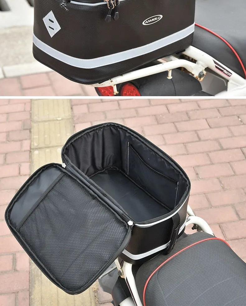 Black waterproof bicycle rack bag with 12L capacity for vehicle mountain equipment transport
