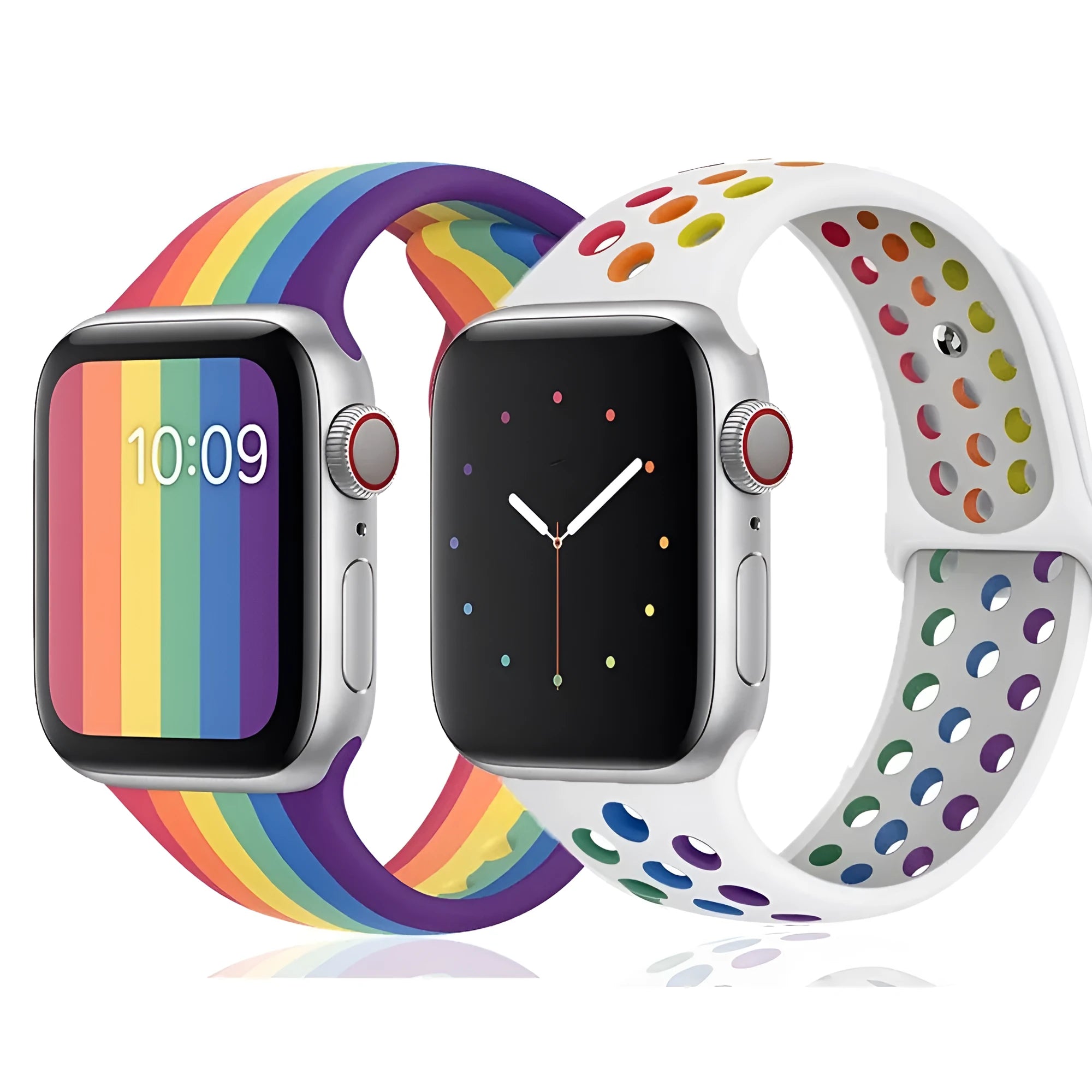 Silicone sports wristband with a single buckle clasp in black, white, and rainbow colours.