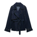 Women casual blue denim trench coat with belt, short wide cut, long sleeves, solid colour, street fashion style