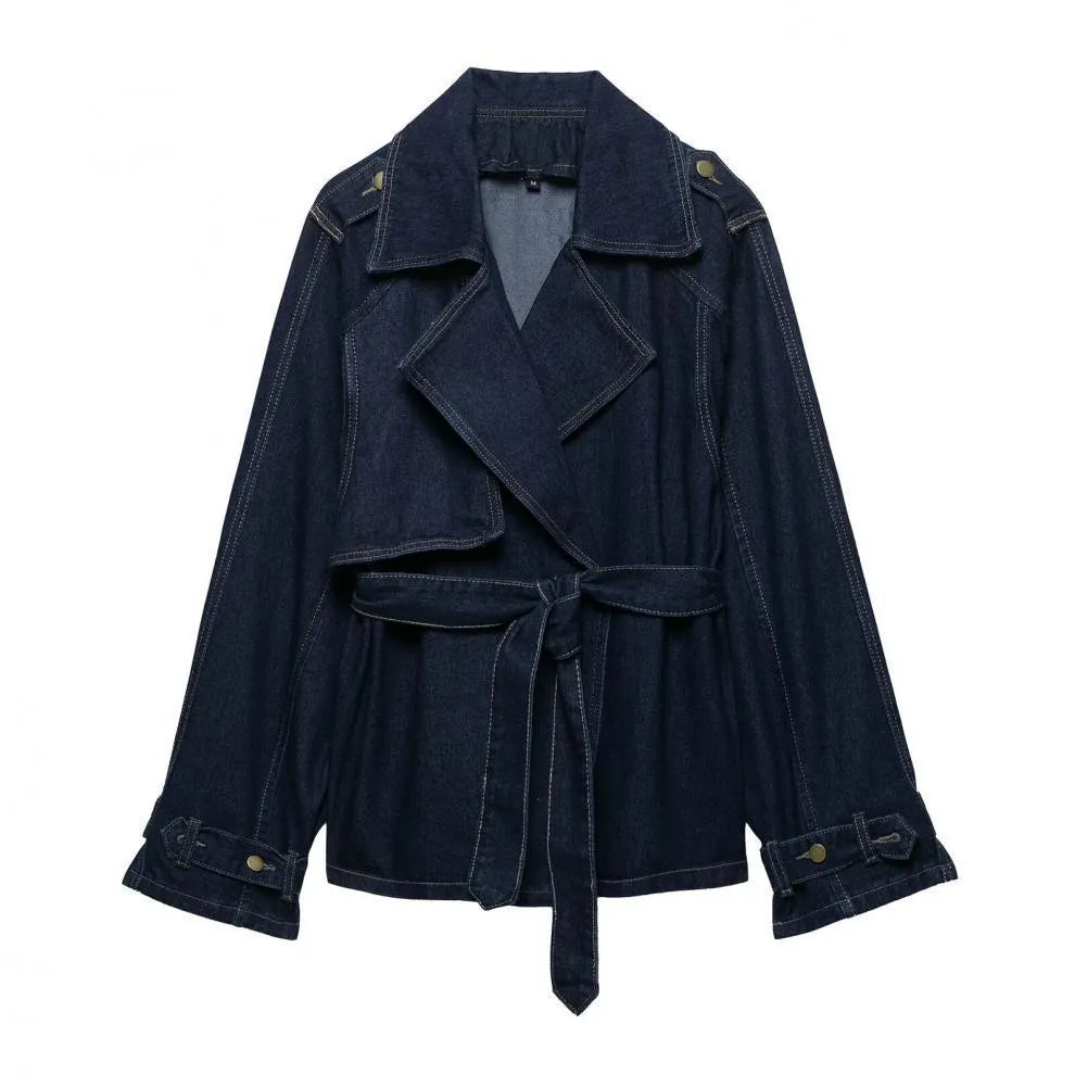 Women casual blue denim trench coat with belt, short wide cut, long sleeves, solid colour, street fashion style