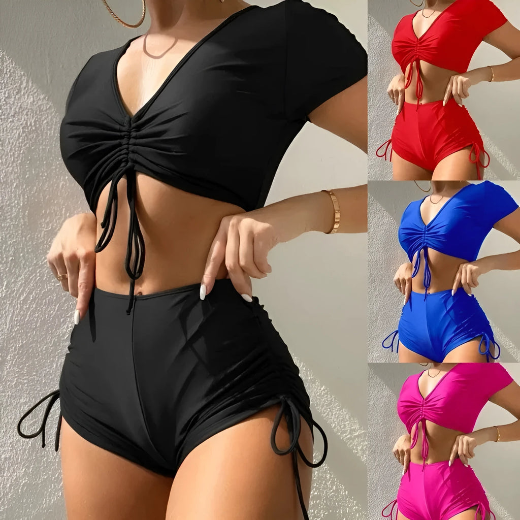 Women's lace-up bow swimsuit in dark green colour, two-piece design with top and shorts